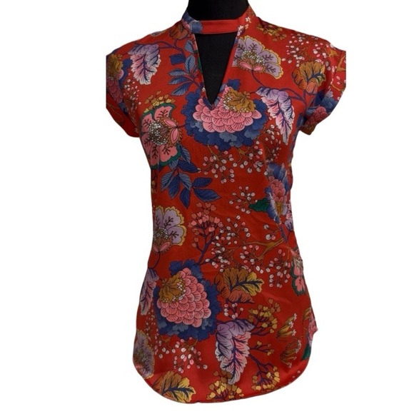 Express Red Oriental Blossoms Choker Cap-sleeve Silky Blouse XXS TTP Light - Picture 5 of 16